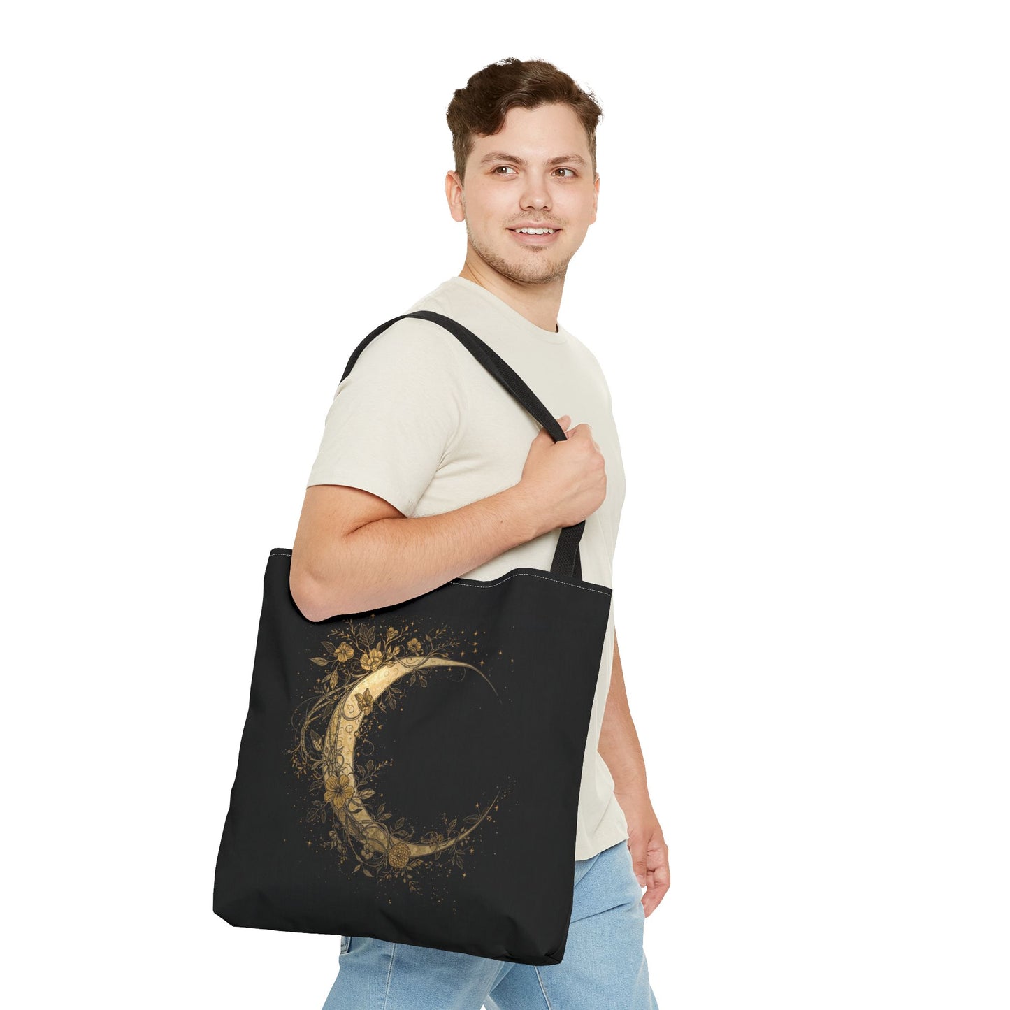 Celestial Crescent Gold Moon Night Art Cotton Canvas Tote Bag
