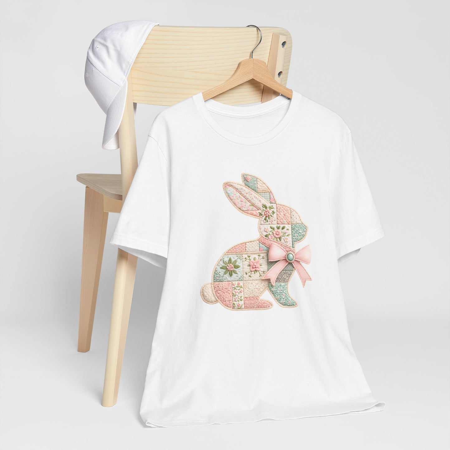 Pastel Patchwork Bunny with Satin Bow Spring Design Easter T-shirt