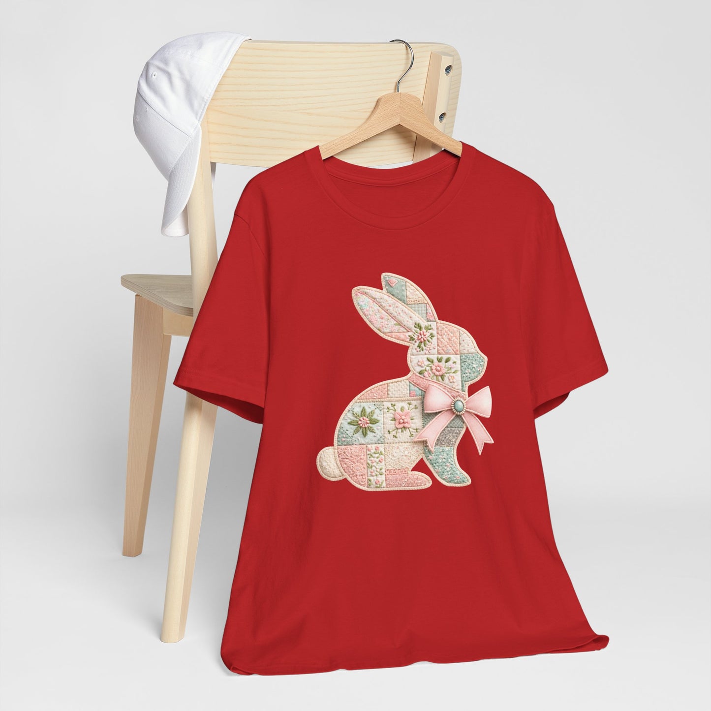 Pastel Patchwork Bunny with Satin Bow Spring Design Easter T-shirt