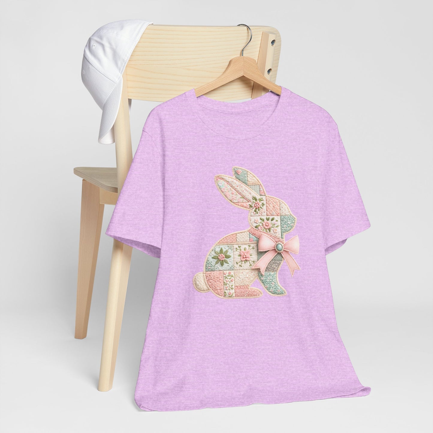 Pastel Patchwork Bunny with Satin Bow Spring Design Easter T-shirt