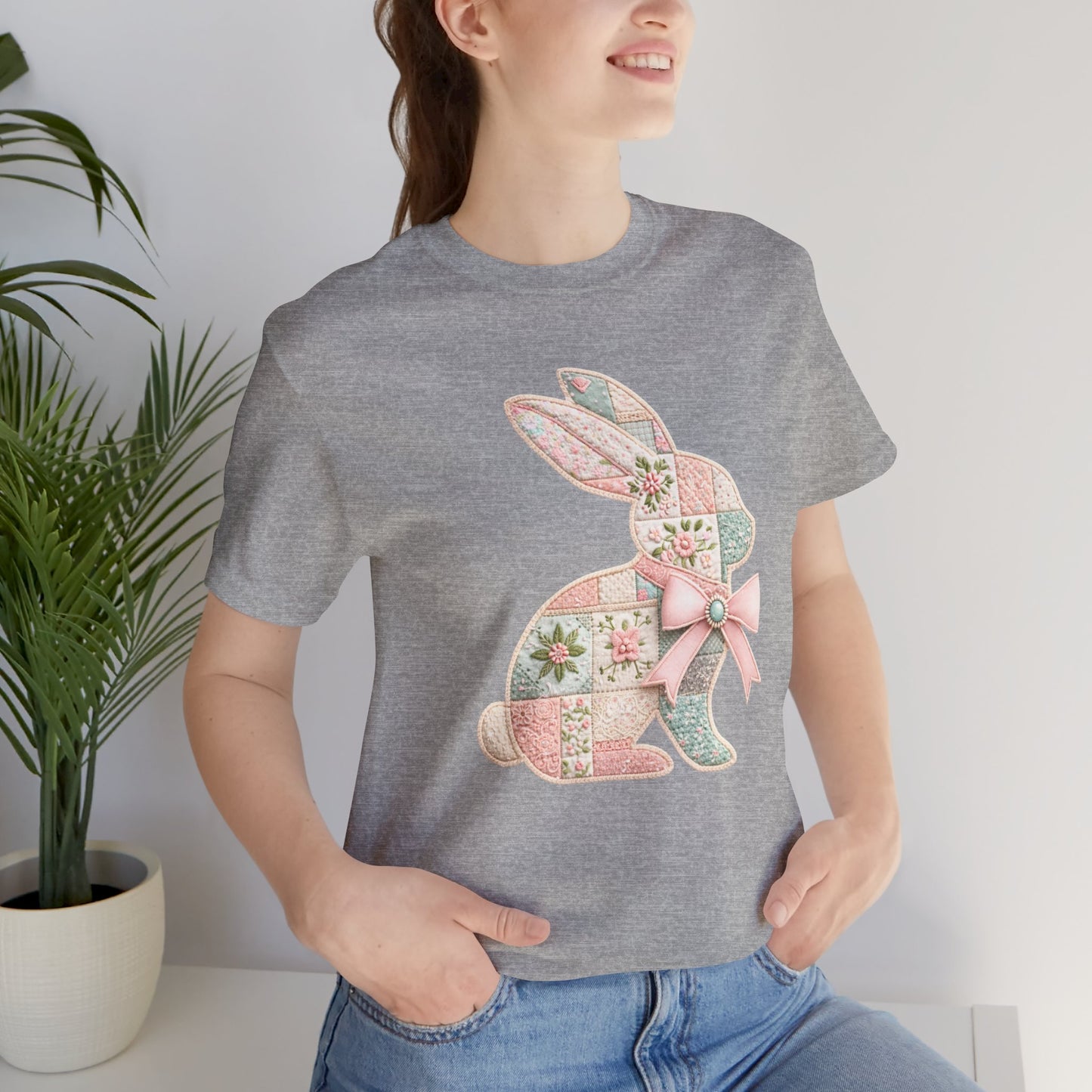 Pastel Patchwork Bunny with Satin Bow Spring Design Easter T-shirt