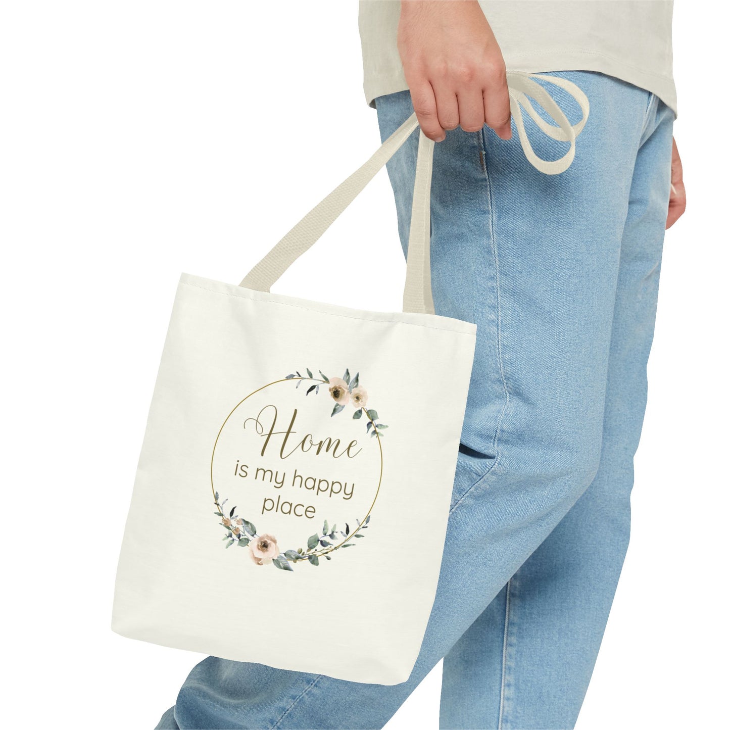 Home Is My Happy Place - Soft Floral Neutral Cotton Canvas Tote Bag
