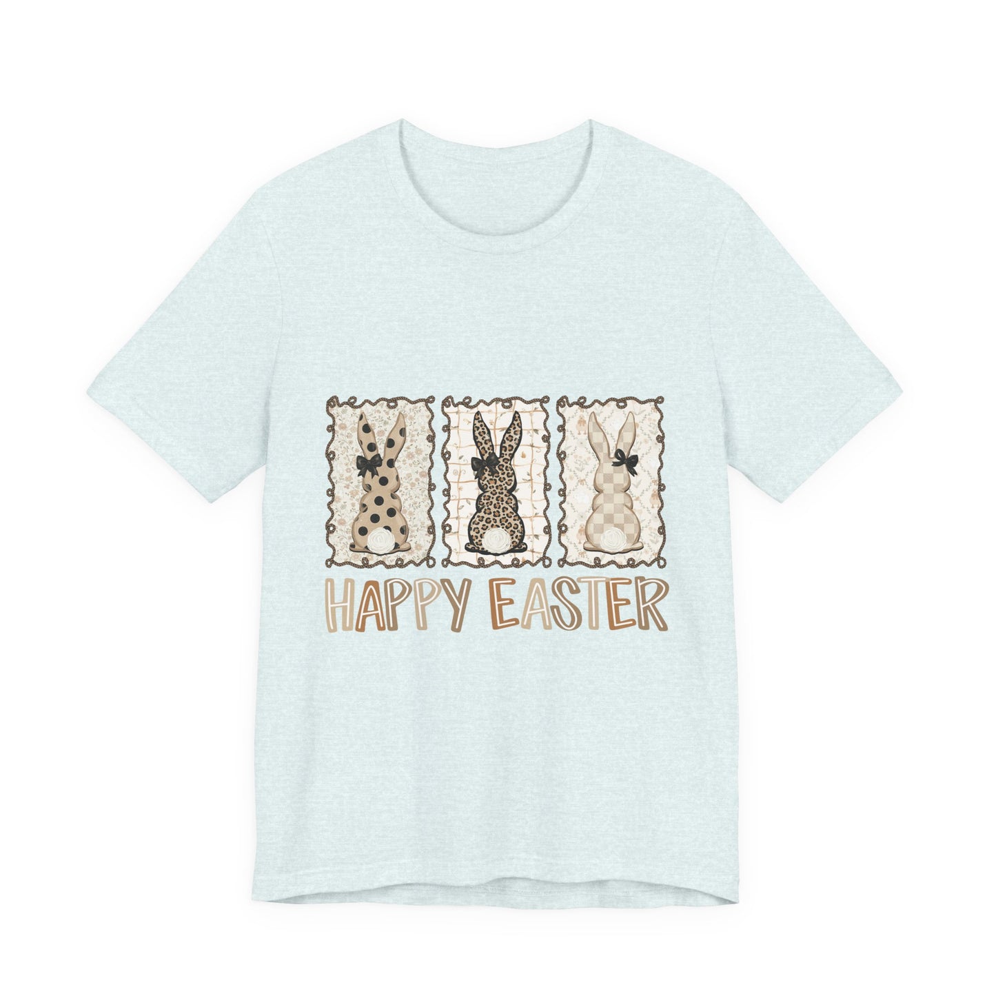 Vintage Patchwork Bunny Trio Happy Easter T-Shirt Neutral Farmhouse Spring Graphic Tee