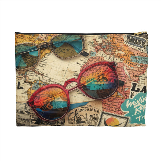 Retro Map & Sunglasses Adventure Travel & Passport Pouch