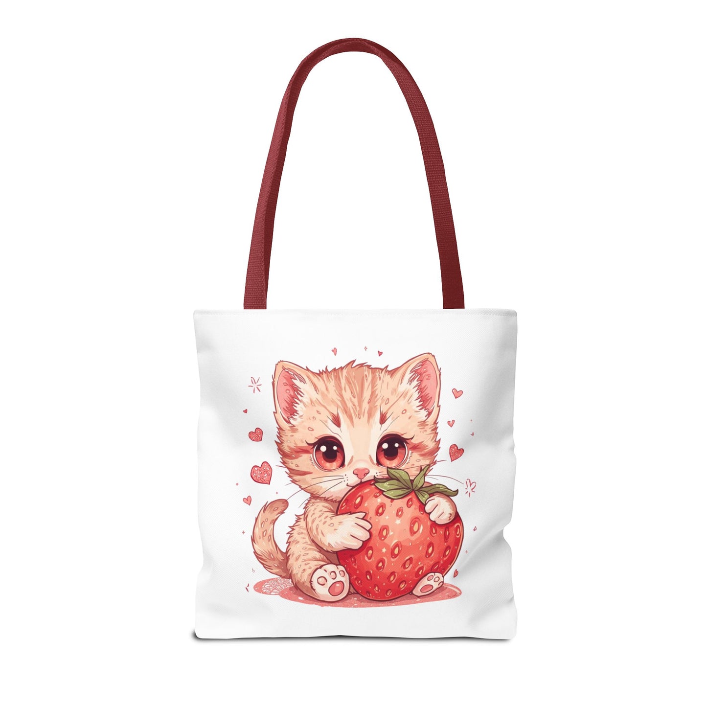 Strawberry Sweet Kitten Whimsical Cat Art Cotton Canvas Tote Bag