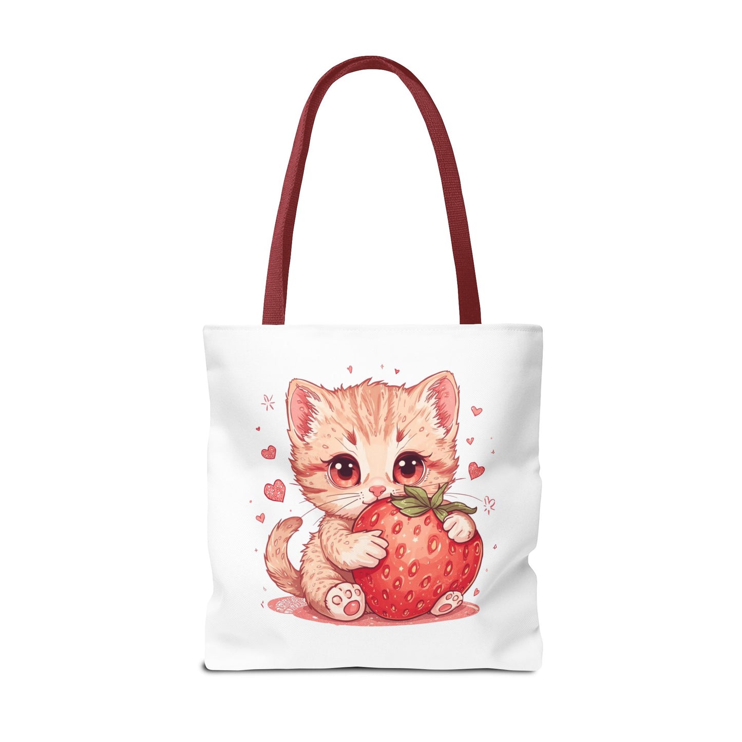 Strawberry Sweet Kitten Whimsical Cat Art Cotton Canvas Tote Bag
