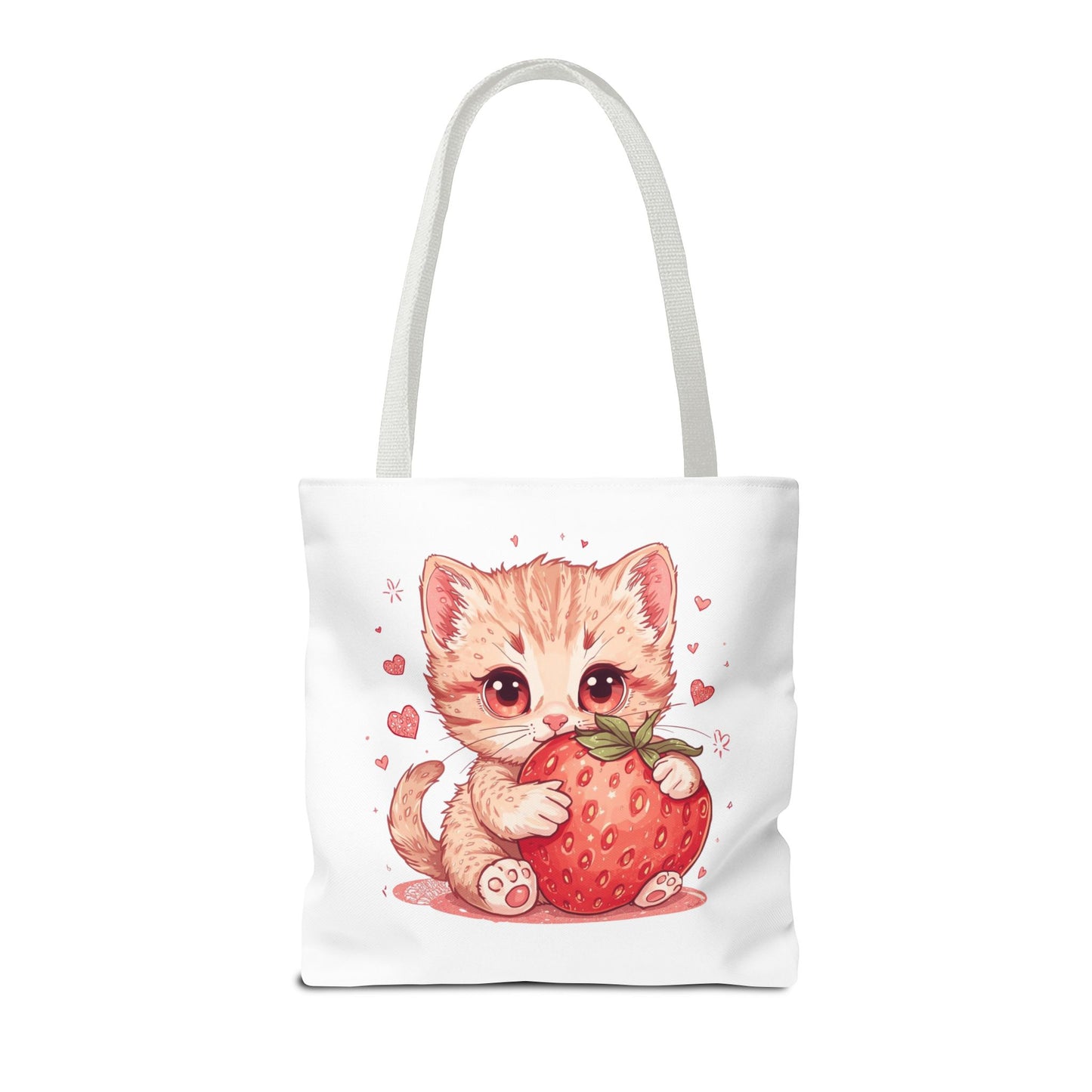 Strawberry Sweet Kitten Whimsical Cat Art Cotton Canvas Tote Bag