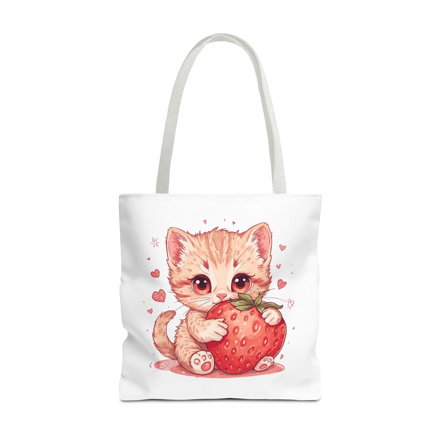 Strawberry Sweet Kitten Whimsical Cat Art Cotton Canvas Tote Bag