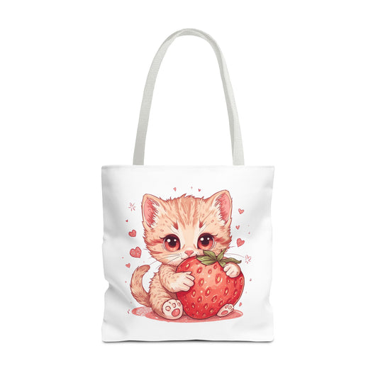 Strawberry Sweet Kitten Whimsical Cat Art Cotton Canvas Tote Bag