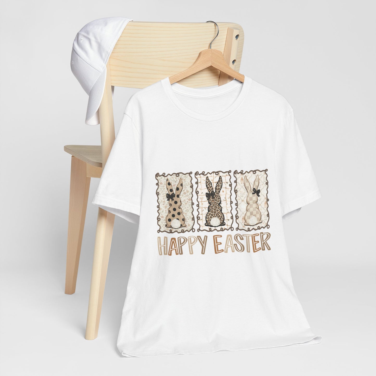 Vintage Patchwork Bunny Trio Happy Easter T-Shirt Neutral Farmhouse Spring Graphic Tee