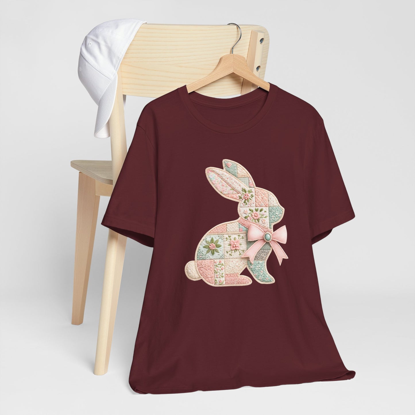 Pastel Patchwork Bunny with Satin Bow Spring Design Easter T-shirt