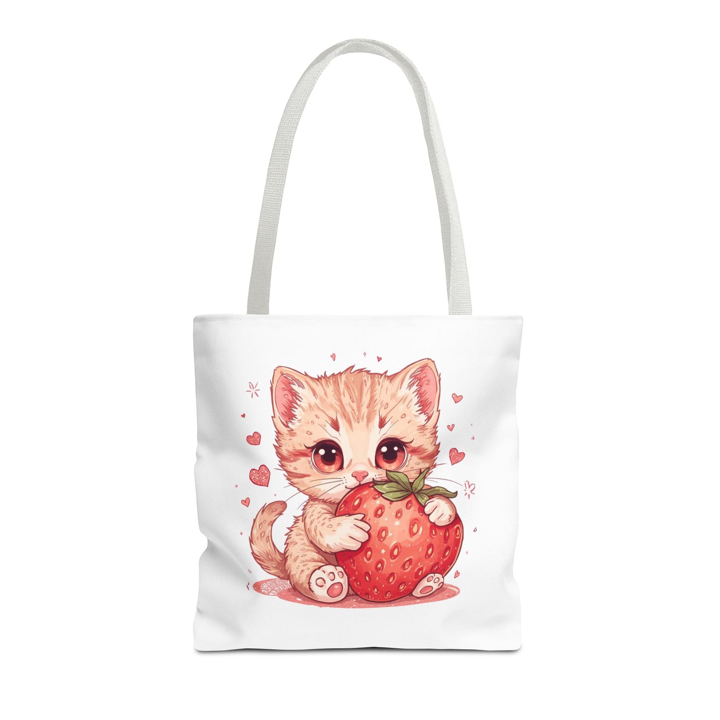 Strawberry Sweet Kitten Whimsical Cat Art Cotton Canvas Tote Bag