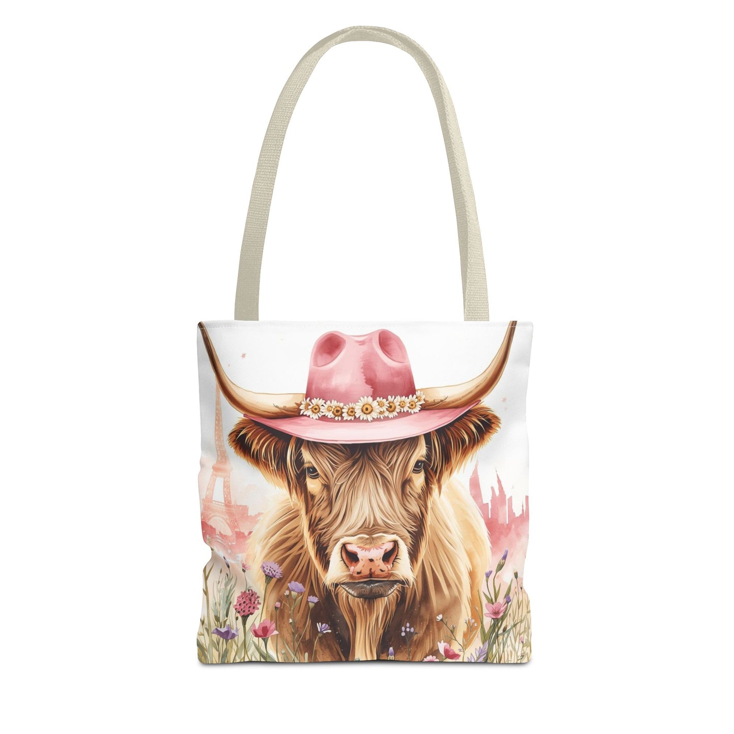 Parisian Highland Cow Whimsical Animal Art Cotton Canvas Tote Bag