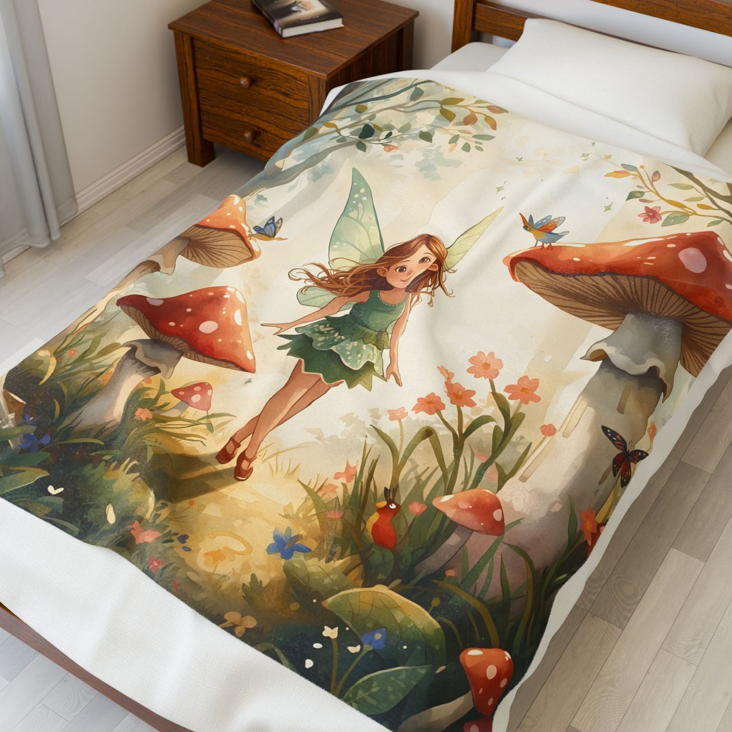 Woodland Fairy Forest Blanket Gentle Storybook Fairy & Mushroom Garden - Whimsical Throw for Kids & Cozy Decor