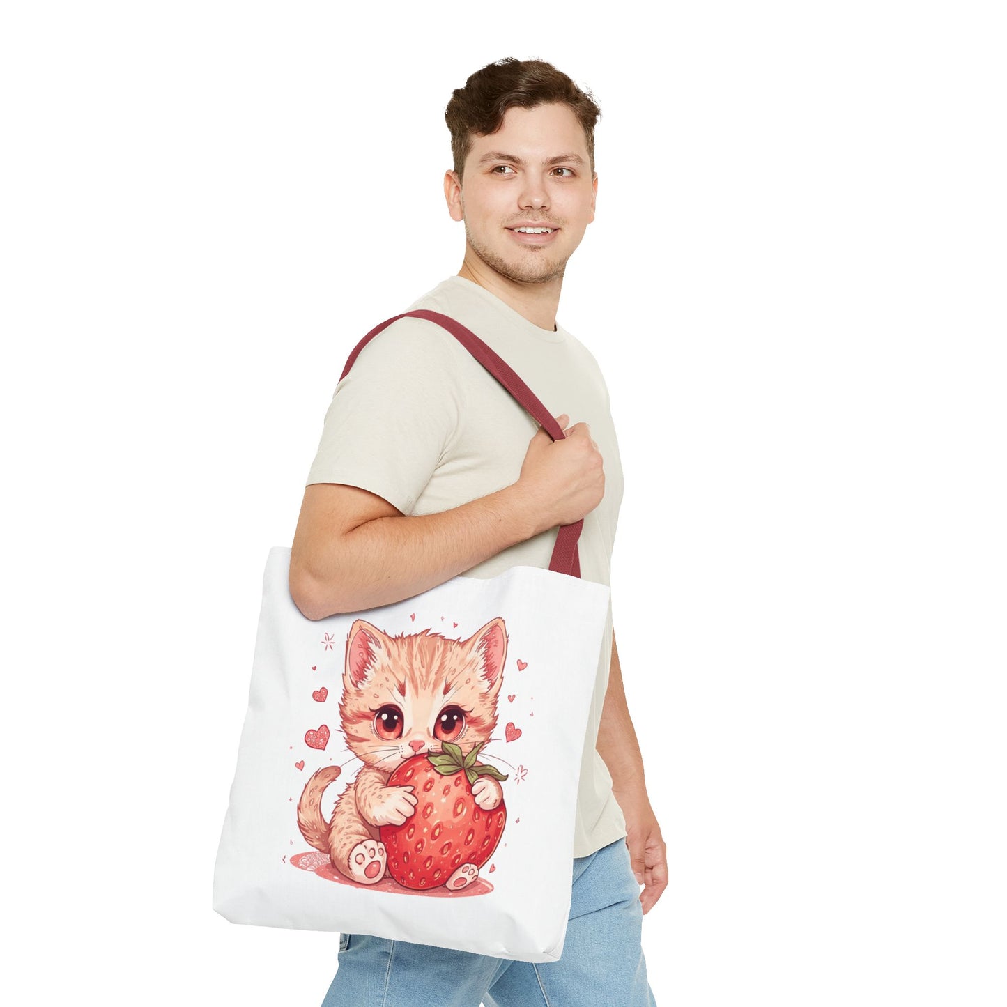 Strawberry Sweet Kitten Whimsical Cat Art Cotton Canvas Tote Bag