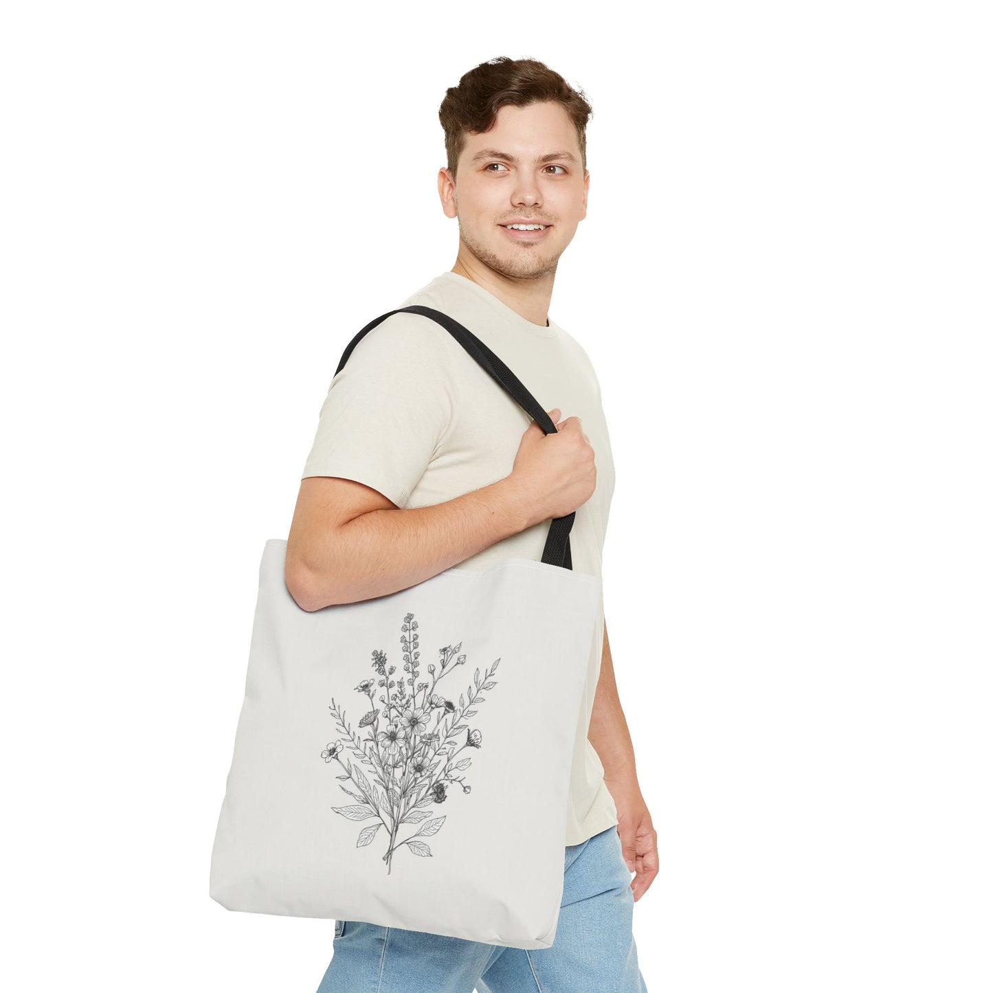 Elegant Floral Line Art Illustration Cotton Canvas Tote Bag
