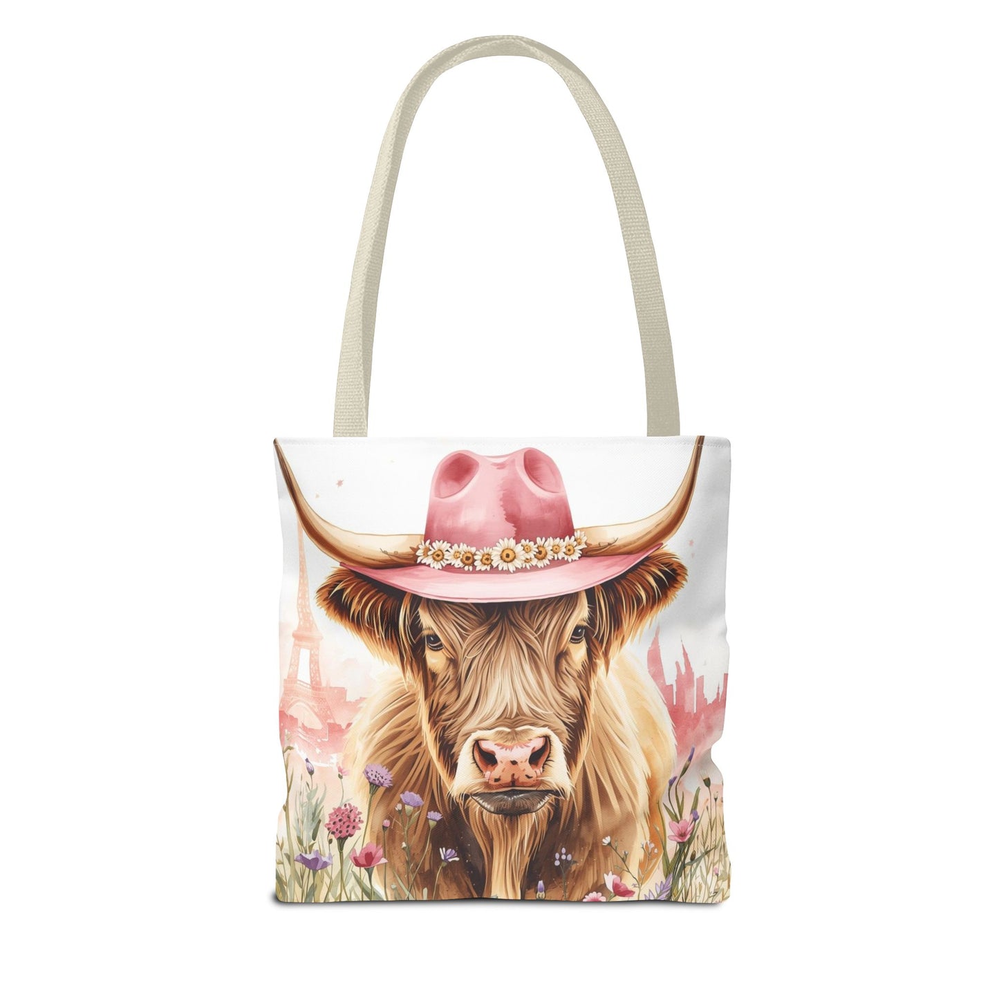 Parisian Highland Cow Whimsical Animal Art Cotton Canvas Tote Bag