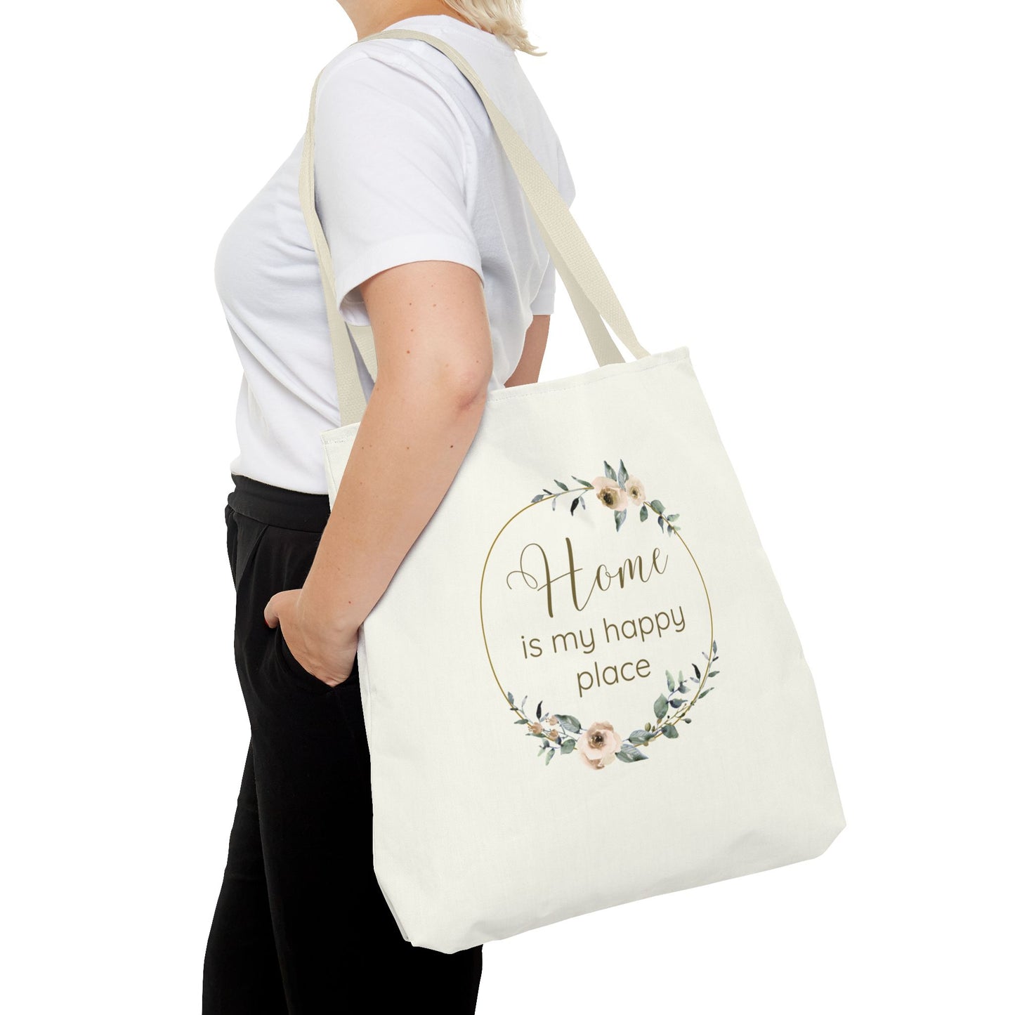 Home Is My Happy Place - Soft Floral Neutral Cotton Canvas Tote Bag