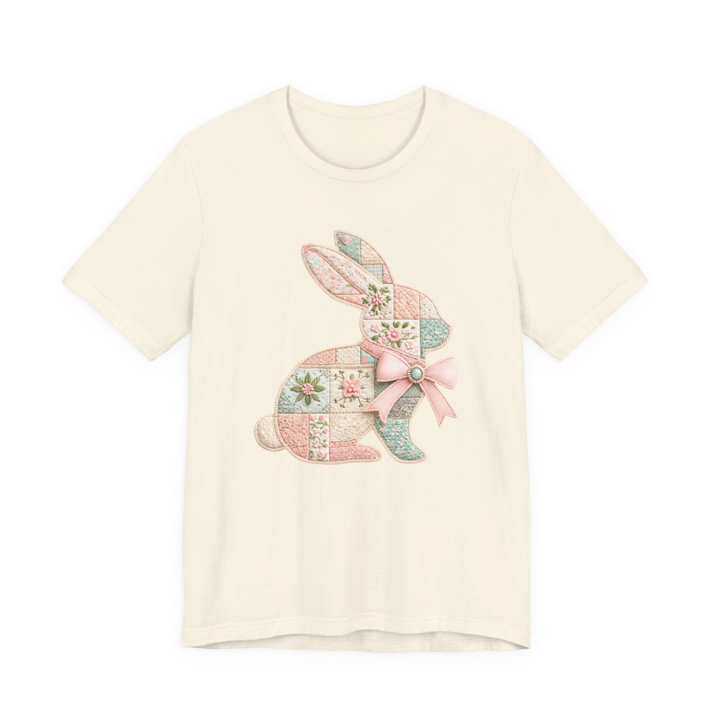 Pastel Patchwork Bunny with Satin Bow Spring Design Easter T-shirt